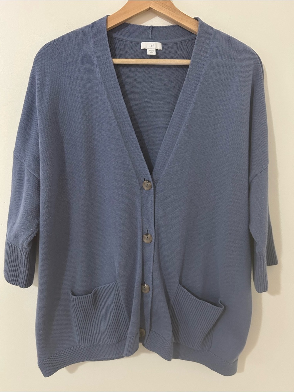 J. Jill Blue Cotton Viscose Knit Button Cardigan Sweater Pockets XLP Petite